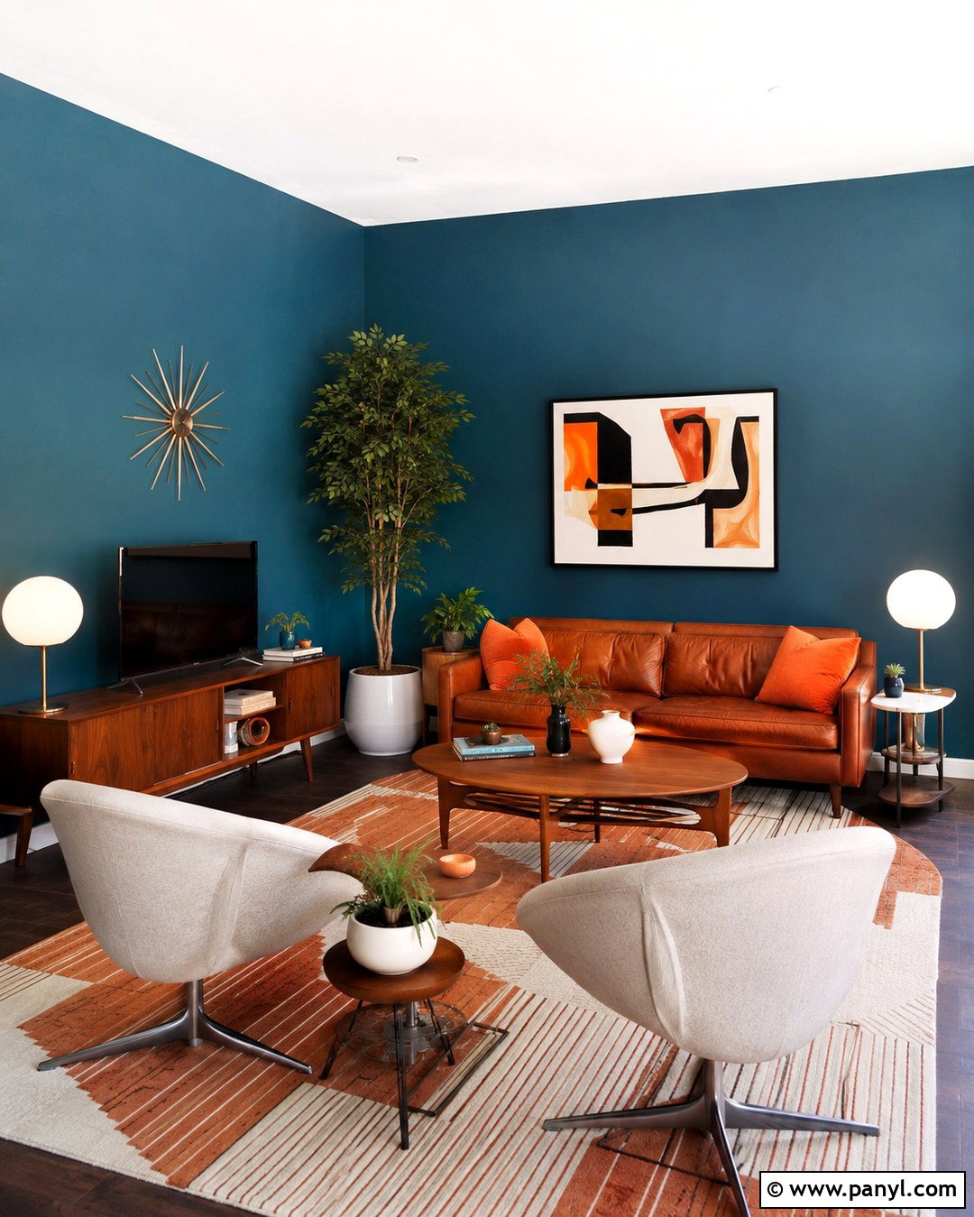 Teal Blue Midcentury Lounge Room - 20 Blue Wall Lounge Room Ideas