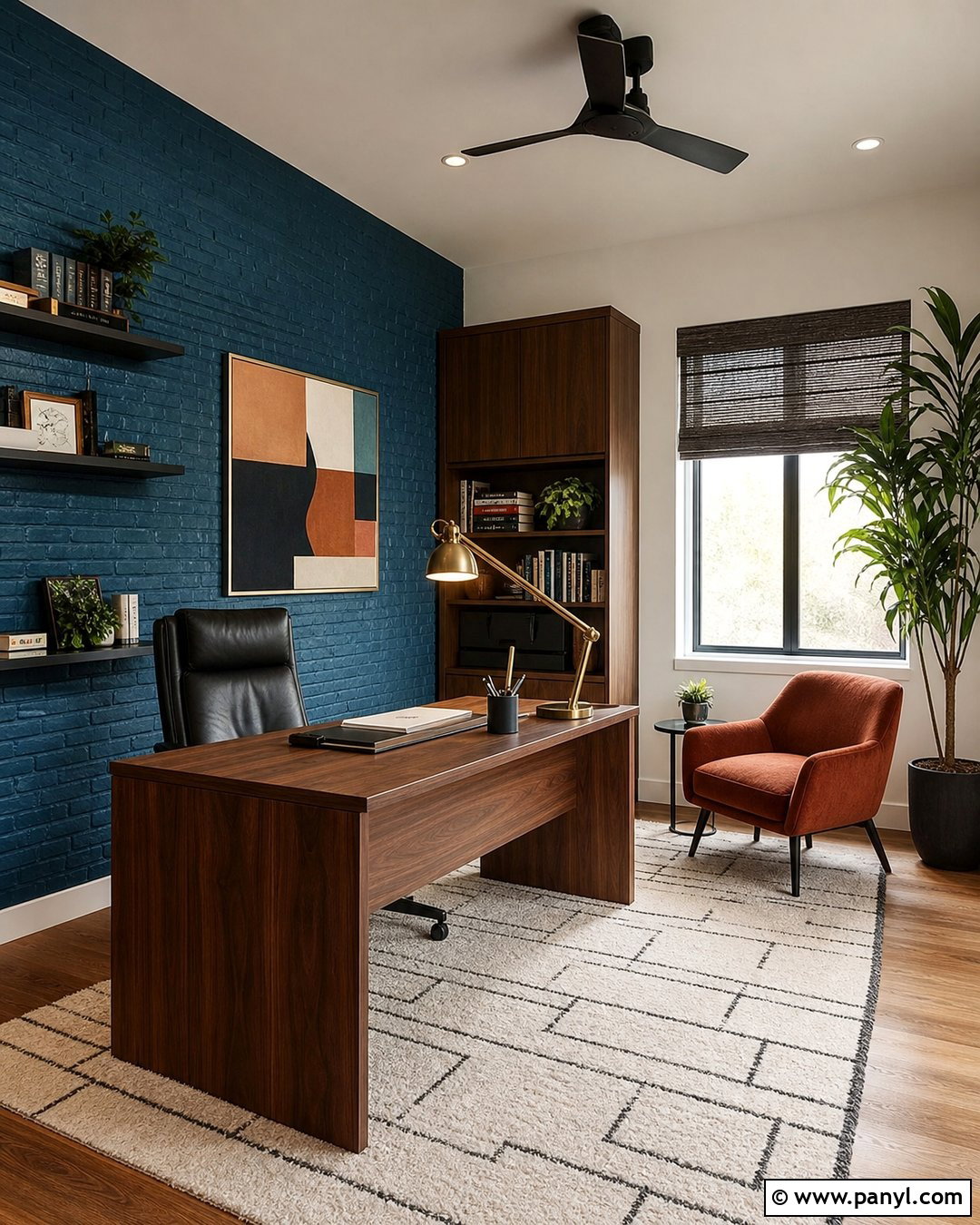 Teal Blue Painted Brick Home Office - 20 Blue Painted Brick Wall Ideas