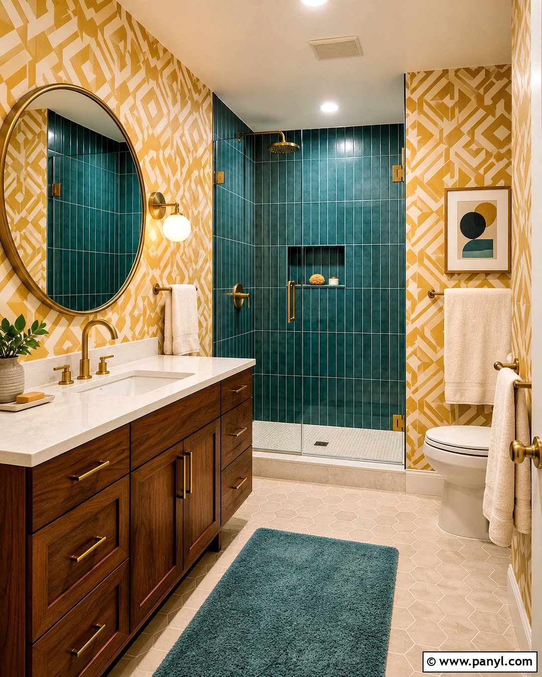 Teal Blue Tile With Golden Yellow Wallpaper - 20 blue and yellow bathroom ideas