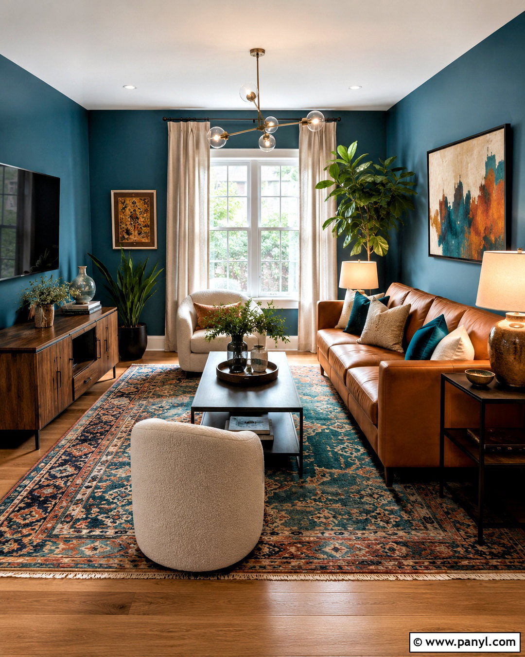Teal Blue Walls With Cognac Leather - 20 blue wall living room ideas