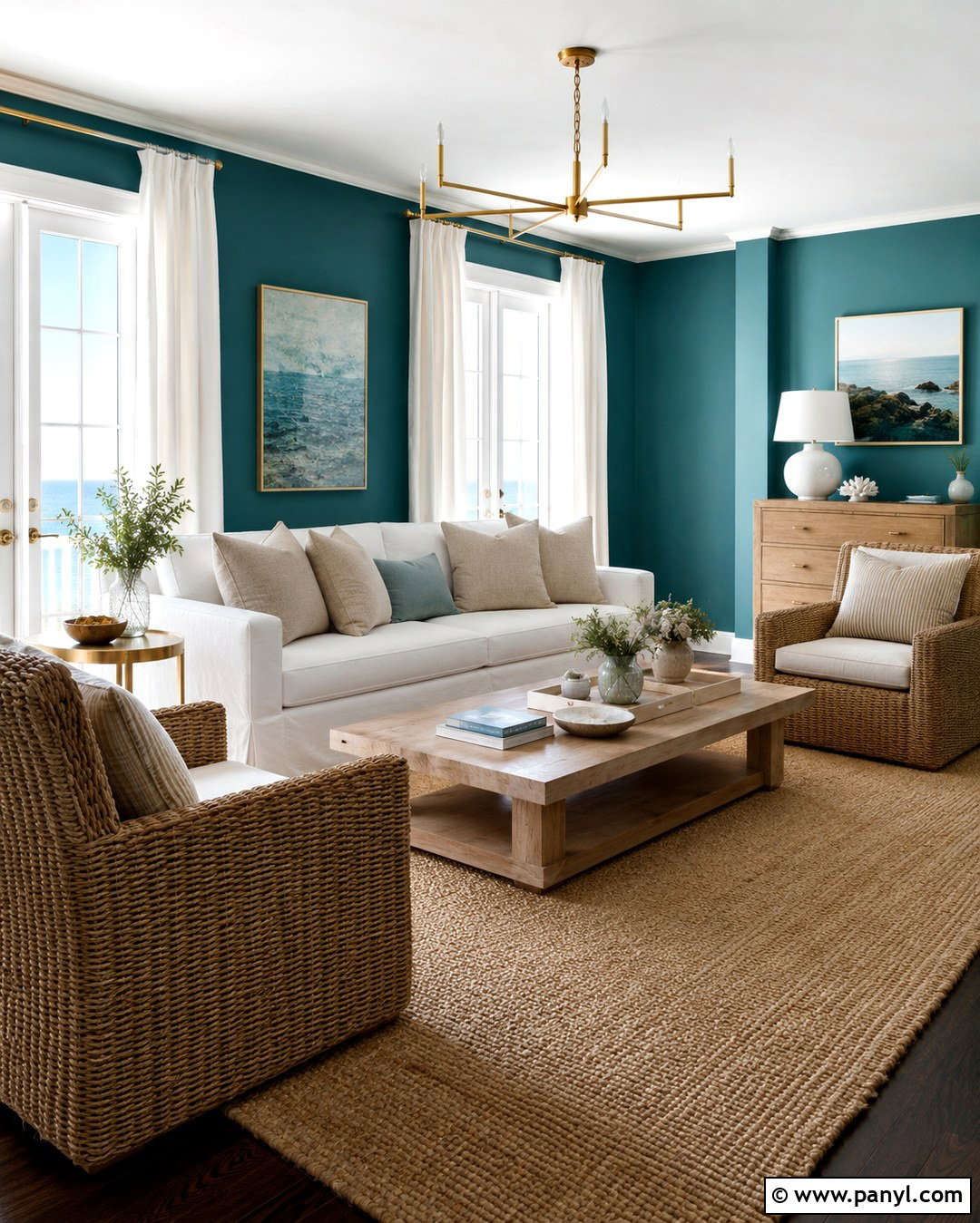 Teal Coastal Living Room With Gold Accents - 20 Teal Walls With Gold Accents