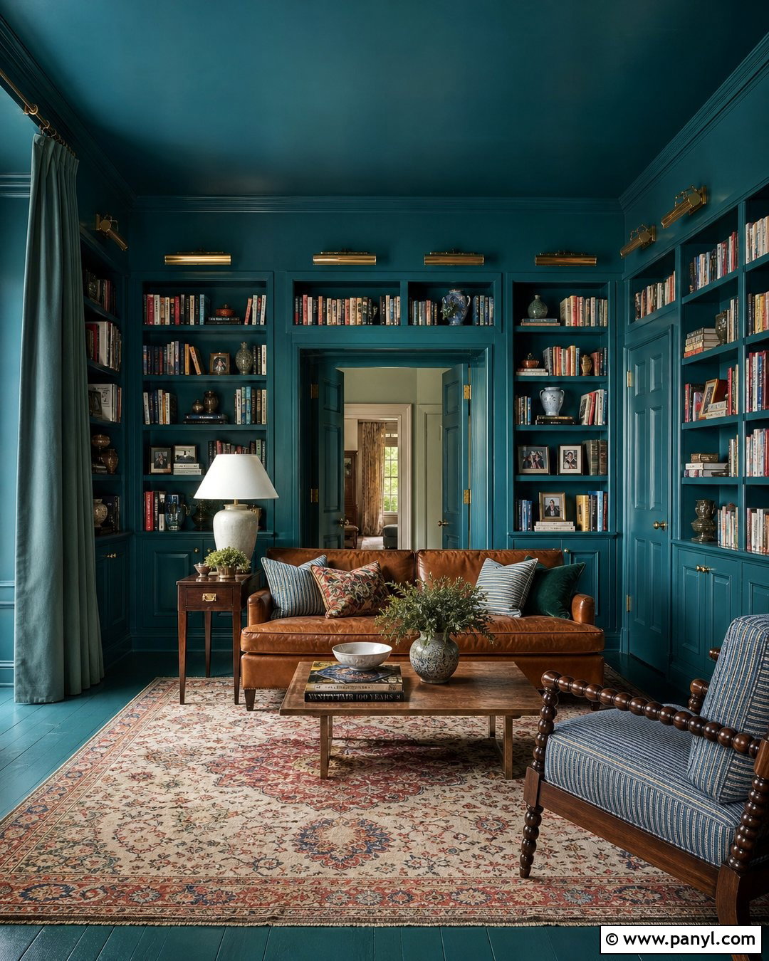 Teal Color Drenched Home Library - 25 Color Drenched Walls