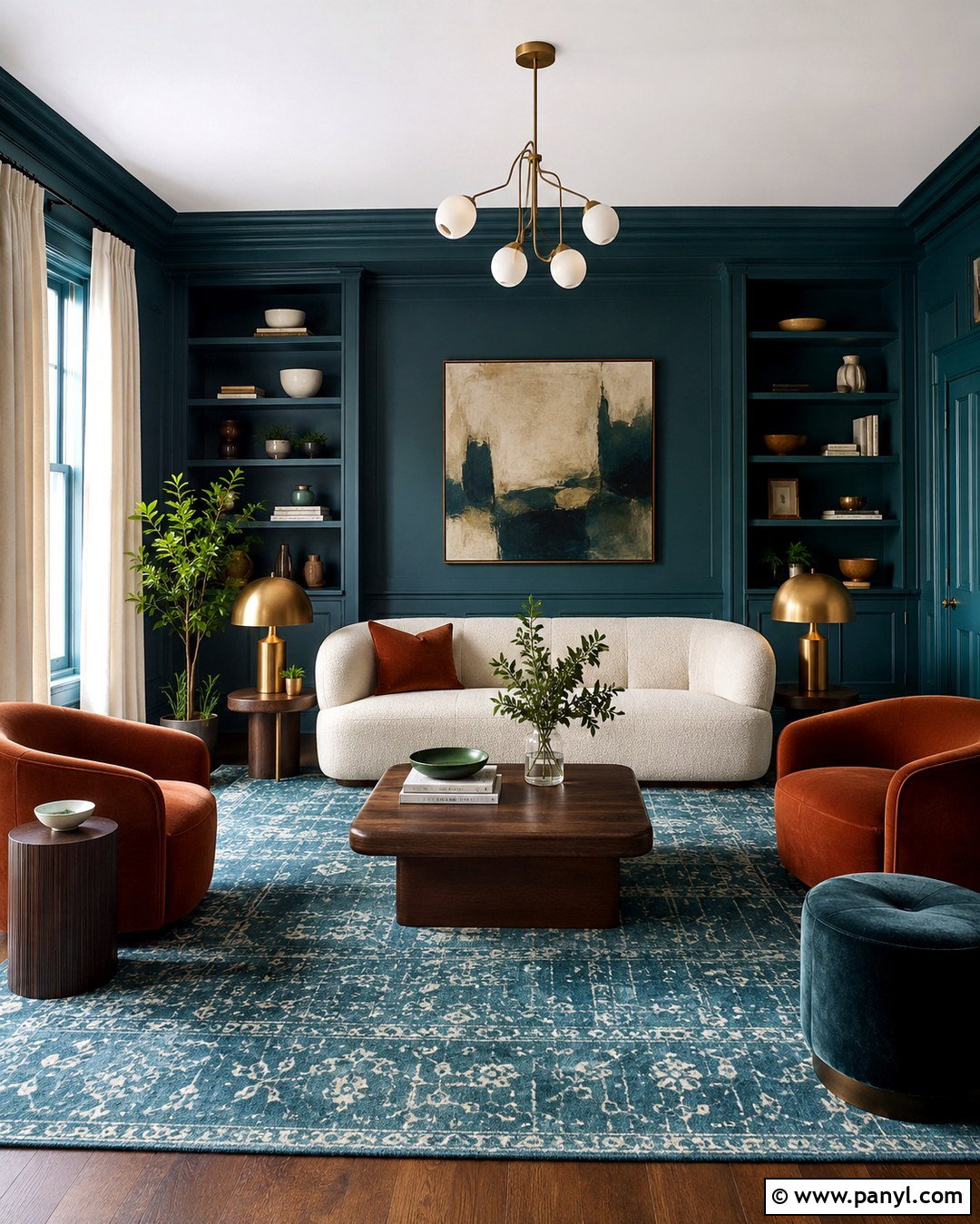 Teal Color-Drenched Living Room Walls - 20 Colorful Interior Walls