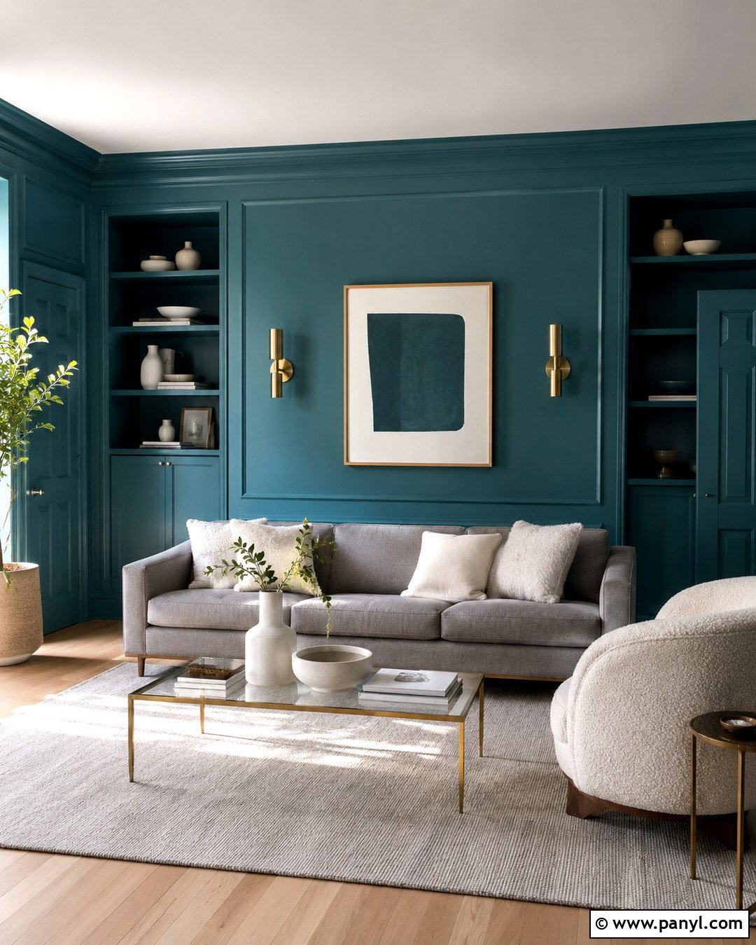 Teal Color Drenched Living Room With Grey Sofa - 20 Teal Walls Grey Sofa Ideas