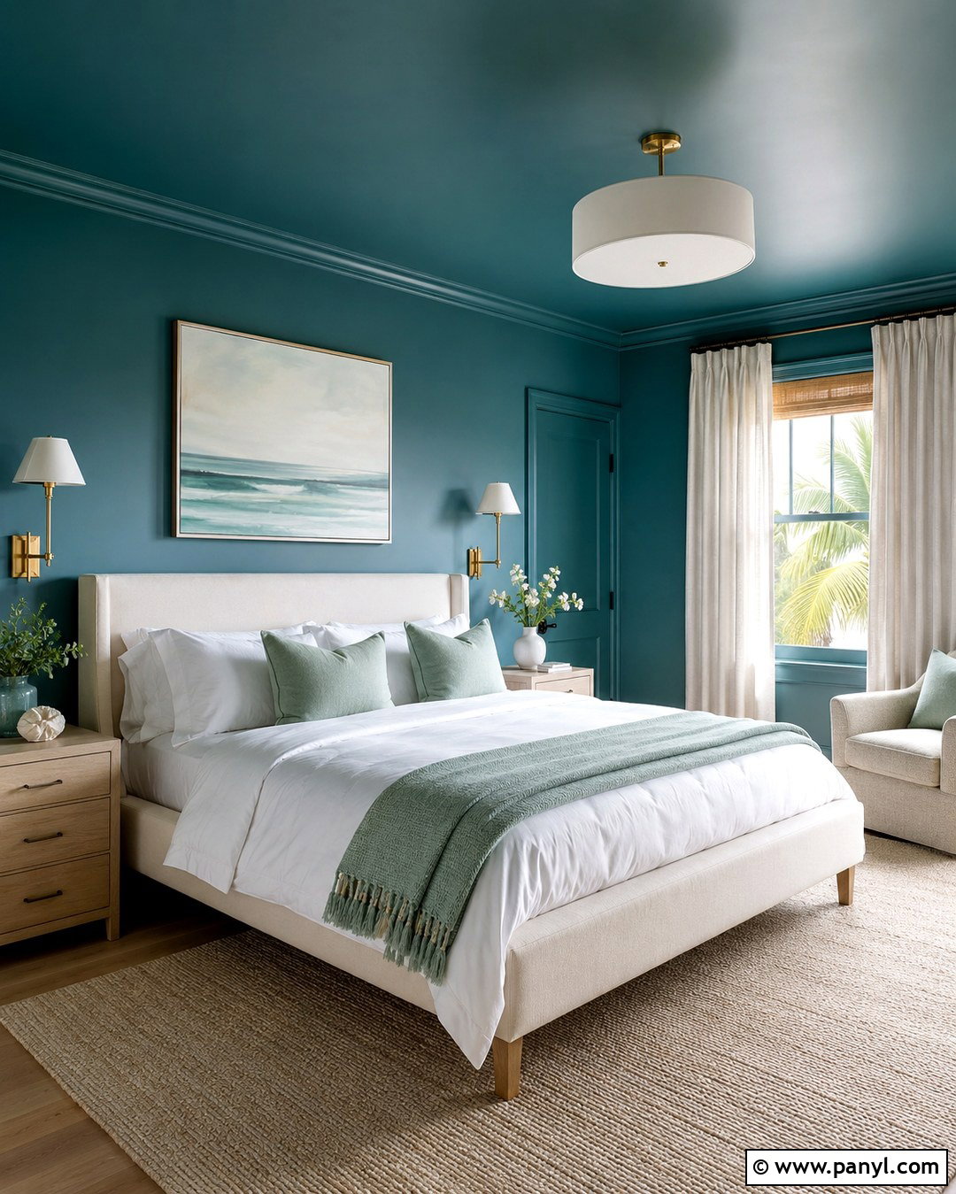 Teal Color Drenched Ocean Guest Room - 20 Ocean Theme Wall Paint Ideas