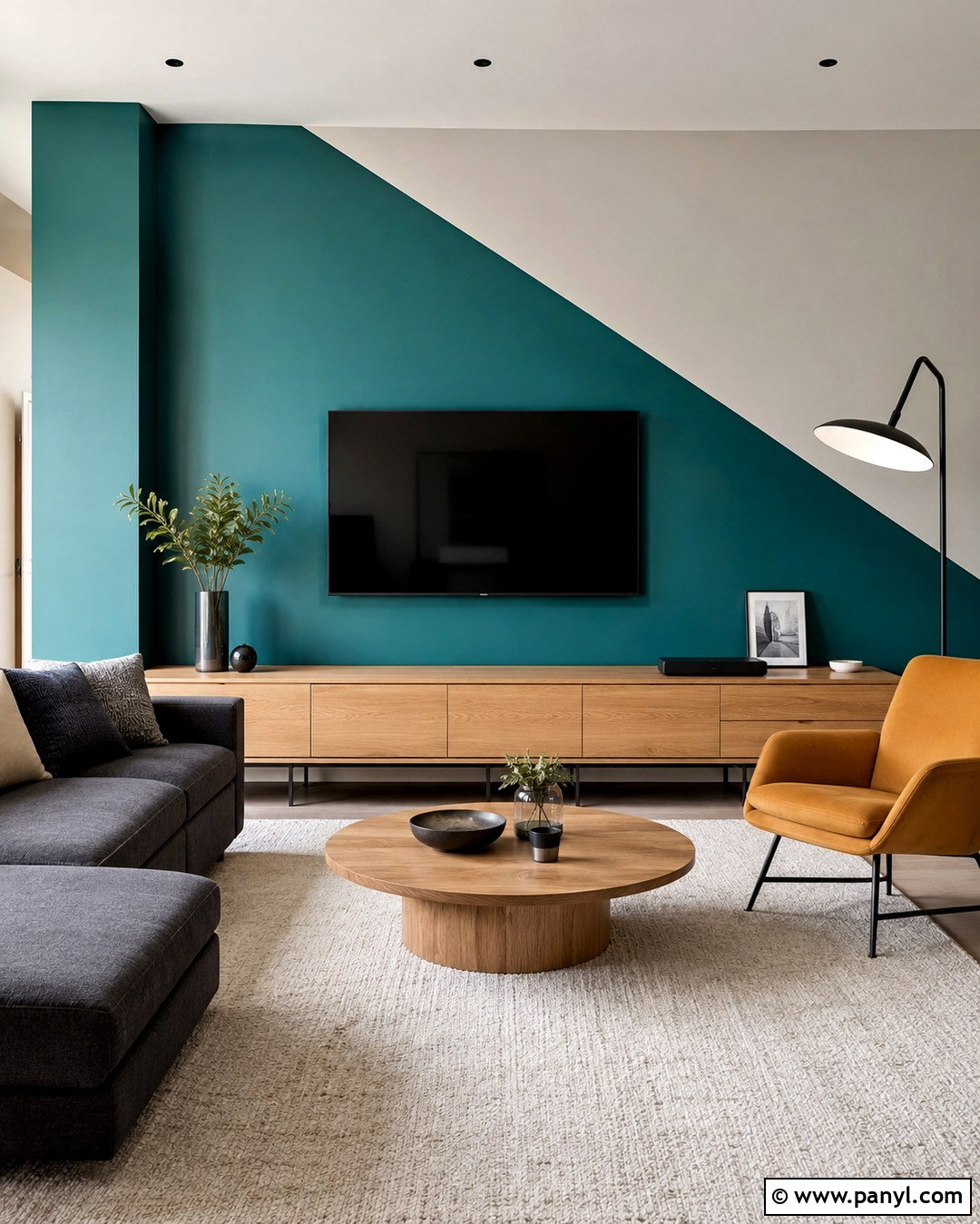 Teal Diagonal TV Wall - 20 Color Block Wall Behind Tv Ideas