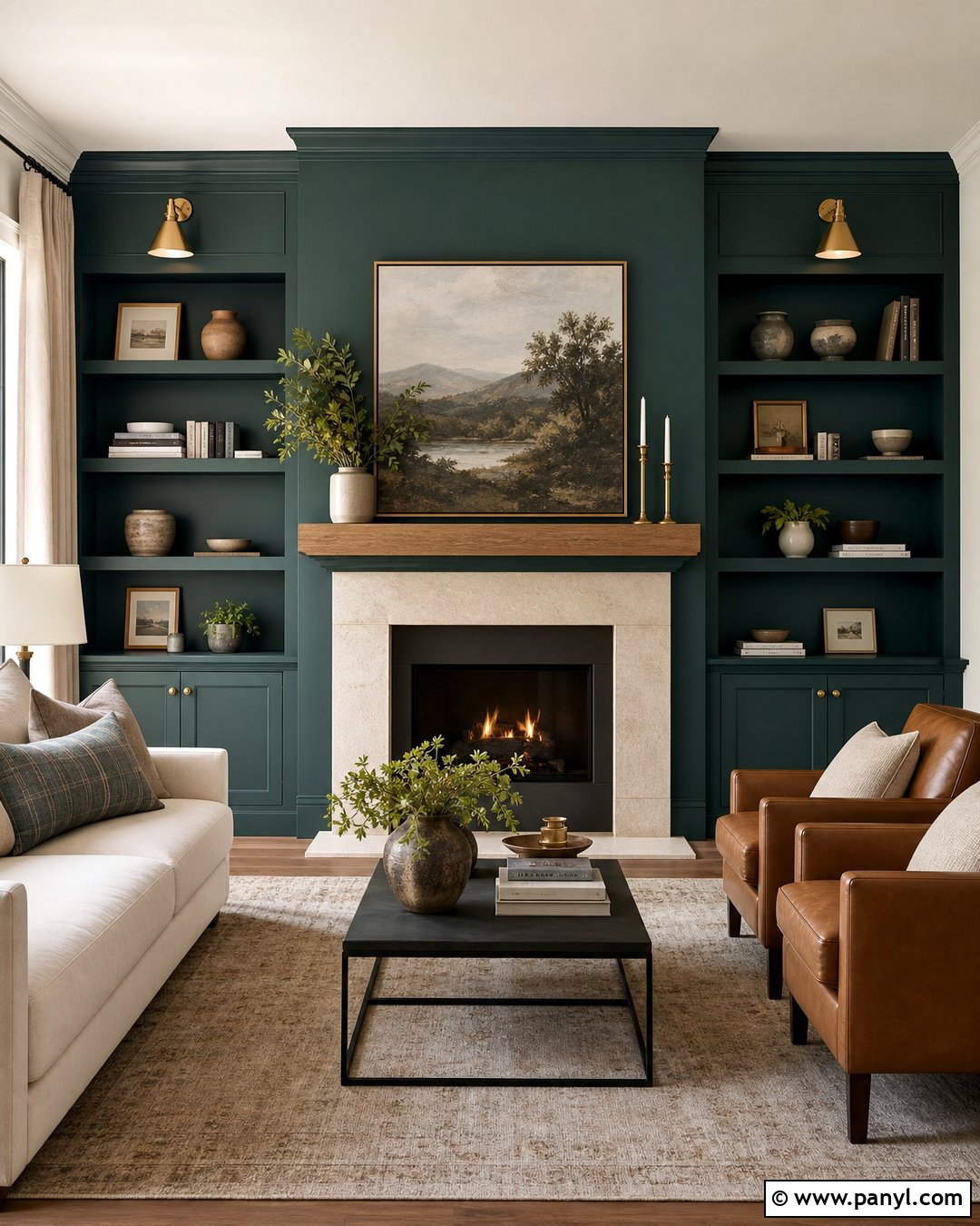 Teal Fireplace Wall With Built-In Shelves - 30 teal painted walls
