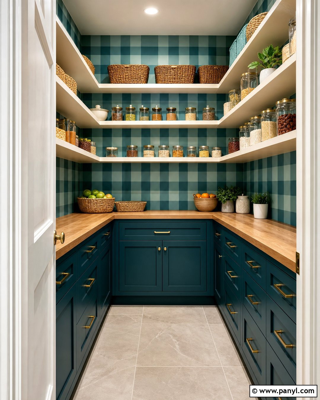 Teal Gingham Painted Pantry Walls - 30 Gingham Painted Walls