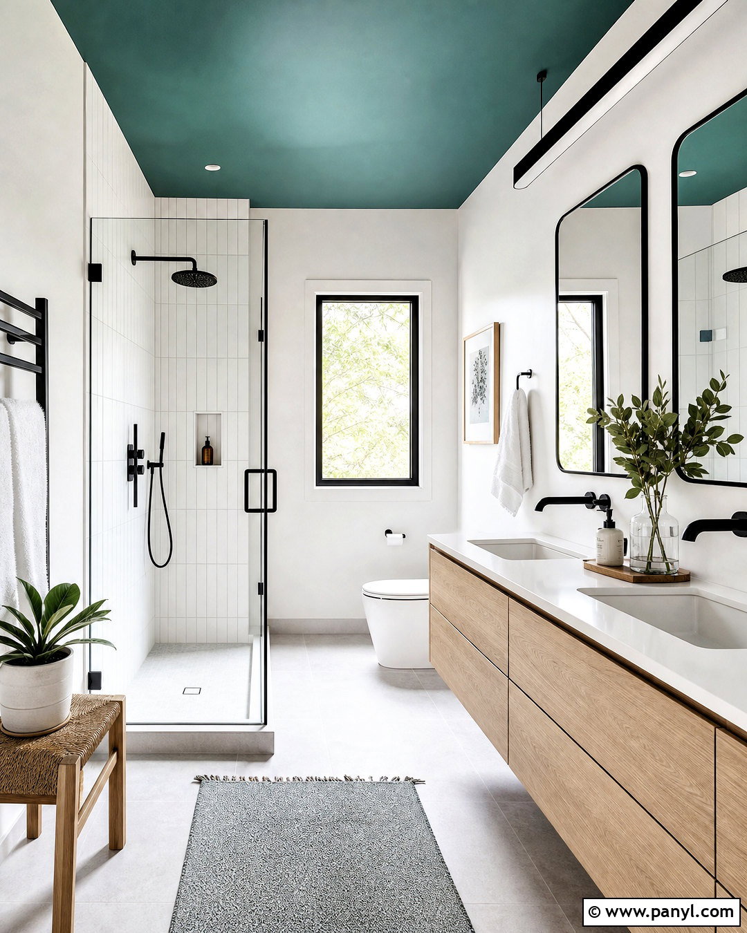 Teal Green Ceiling With Black Fixtures - 20 green ceiling bathroom ideas