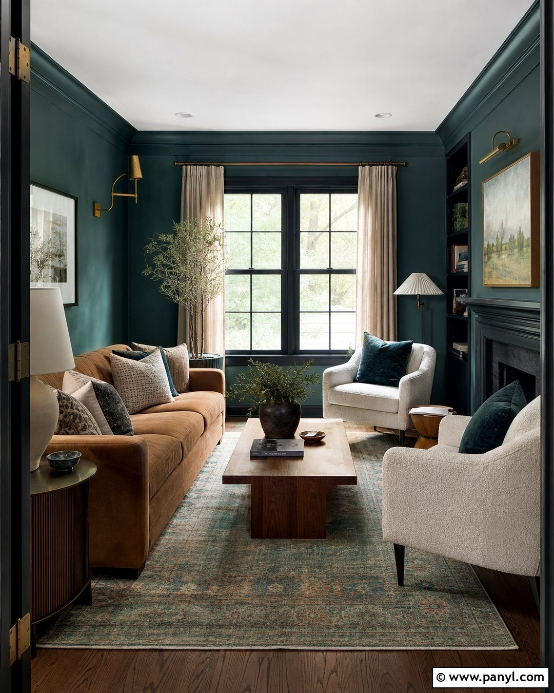 Teal Green Den With Black Trim - 25 Green Walls With Black Trim Ideas