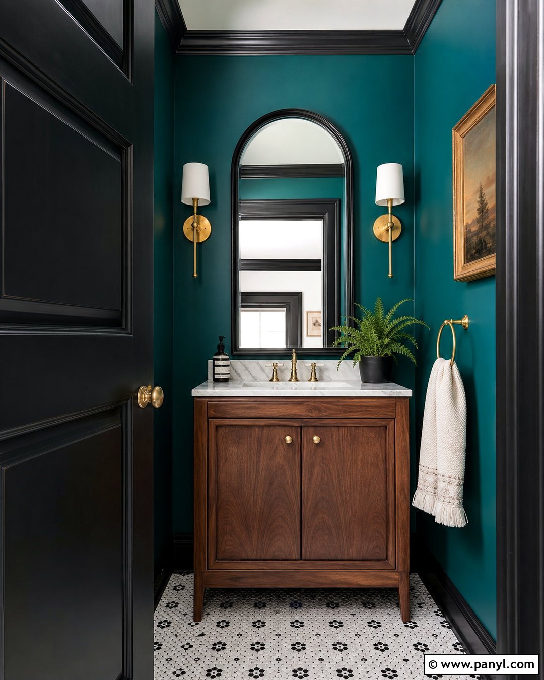 Teal Green Powder Room With Black Trim - 25 Green Wall Black Trim Ideas