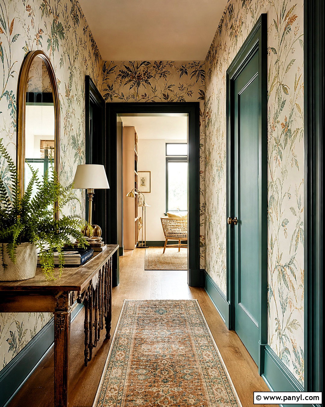 Teal Green Skirting Boards In A Wallpapered Hallway - 20 green skirting boards