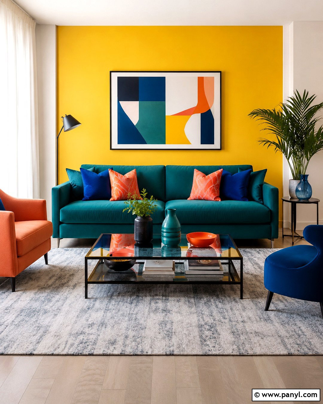 Teal Green Sofa With Lemon Yellow Accent Wall - 20 Green Sofa Yellow Wall Ideas