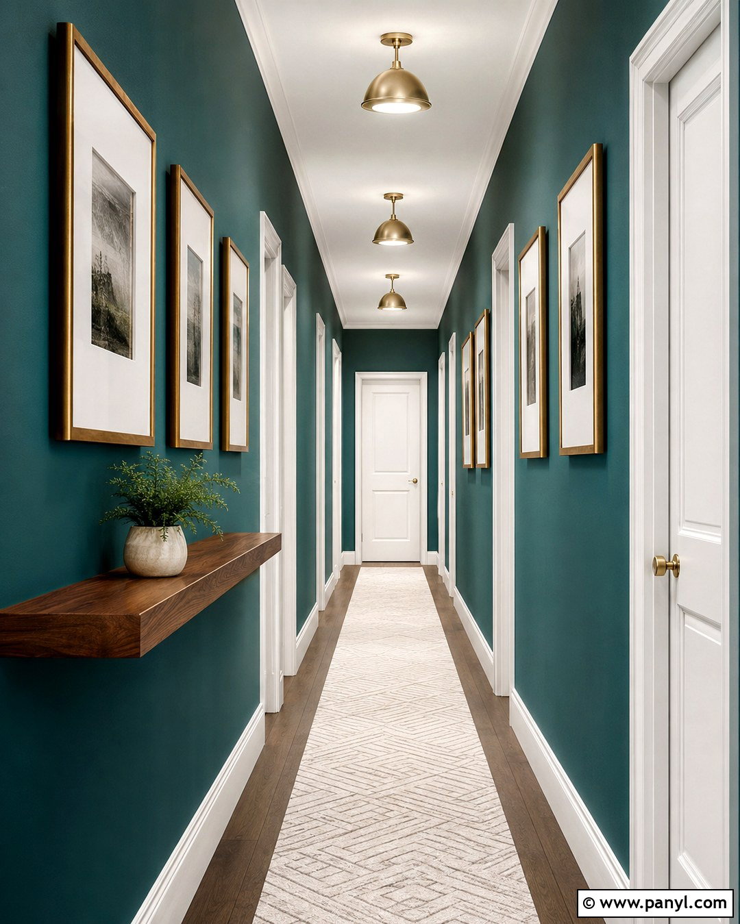Teal Hallway With Gold Gallery Frames - 20 Teal Walls With Gold Accents