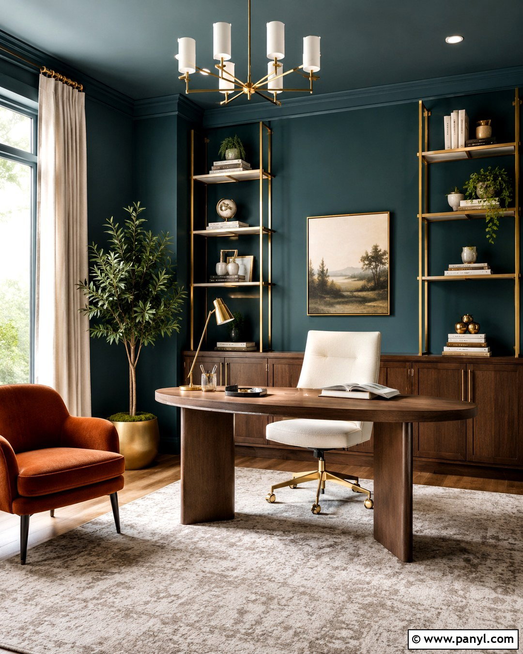Teal Home Office With Gold Shelves - 20 Teal Walls With Gold Accents