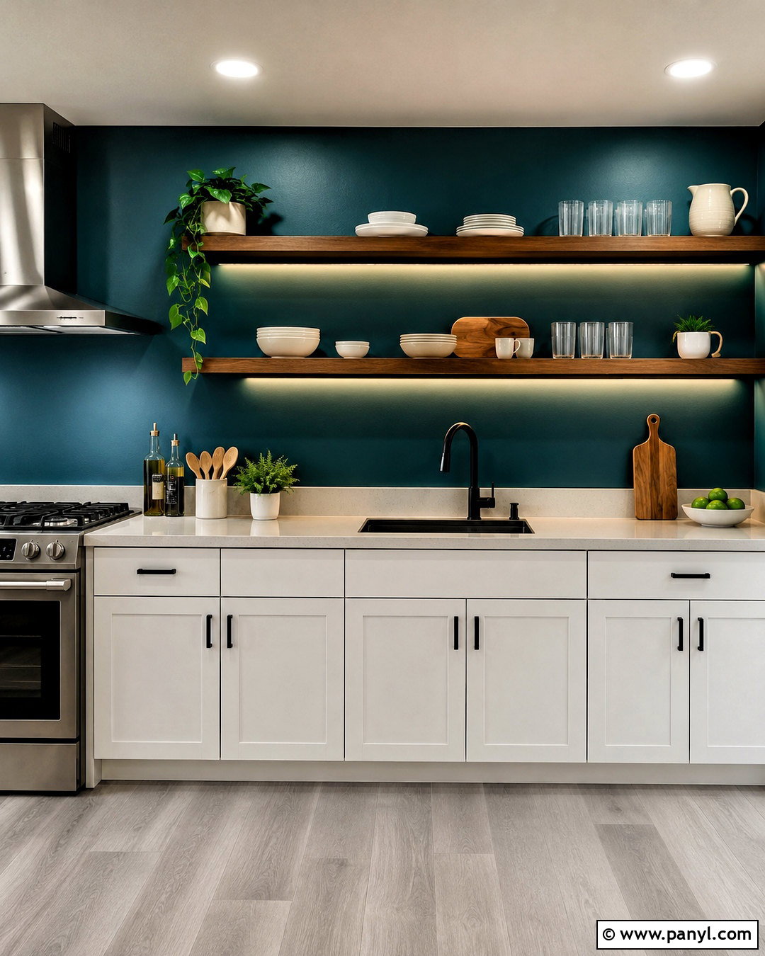 Teal Kitchen Walls With Floating Wood Shelves - 35 teal kitchen walls