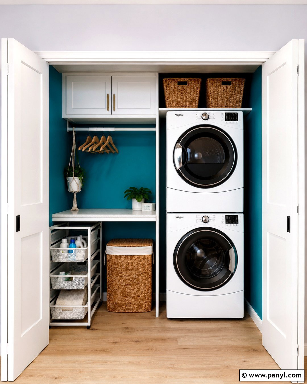 Teal Laundry Closet With Stacked Appliances - 20 Teal Wall Laundry Space Ideas