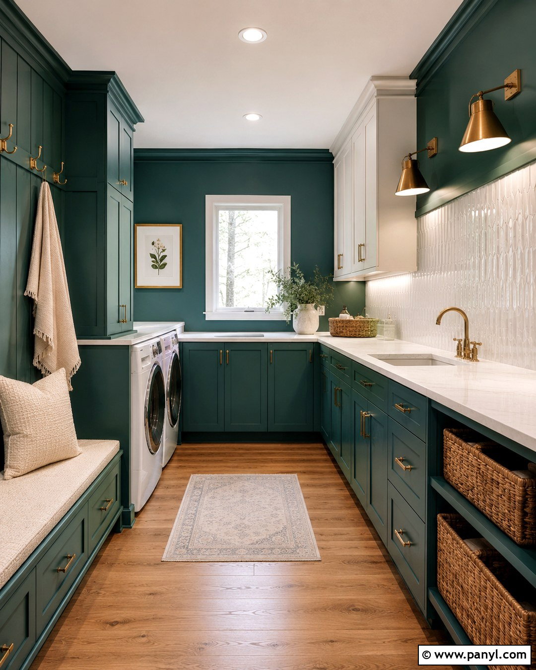 Teal Laundry Room With Brass Hardware - 20 Teal Wall Laundry Space Ideas