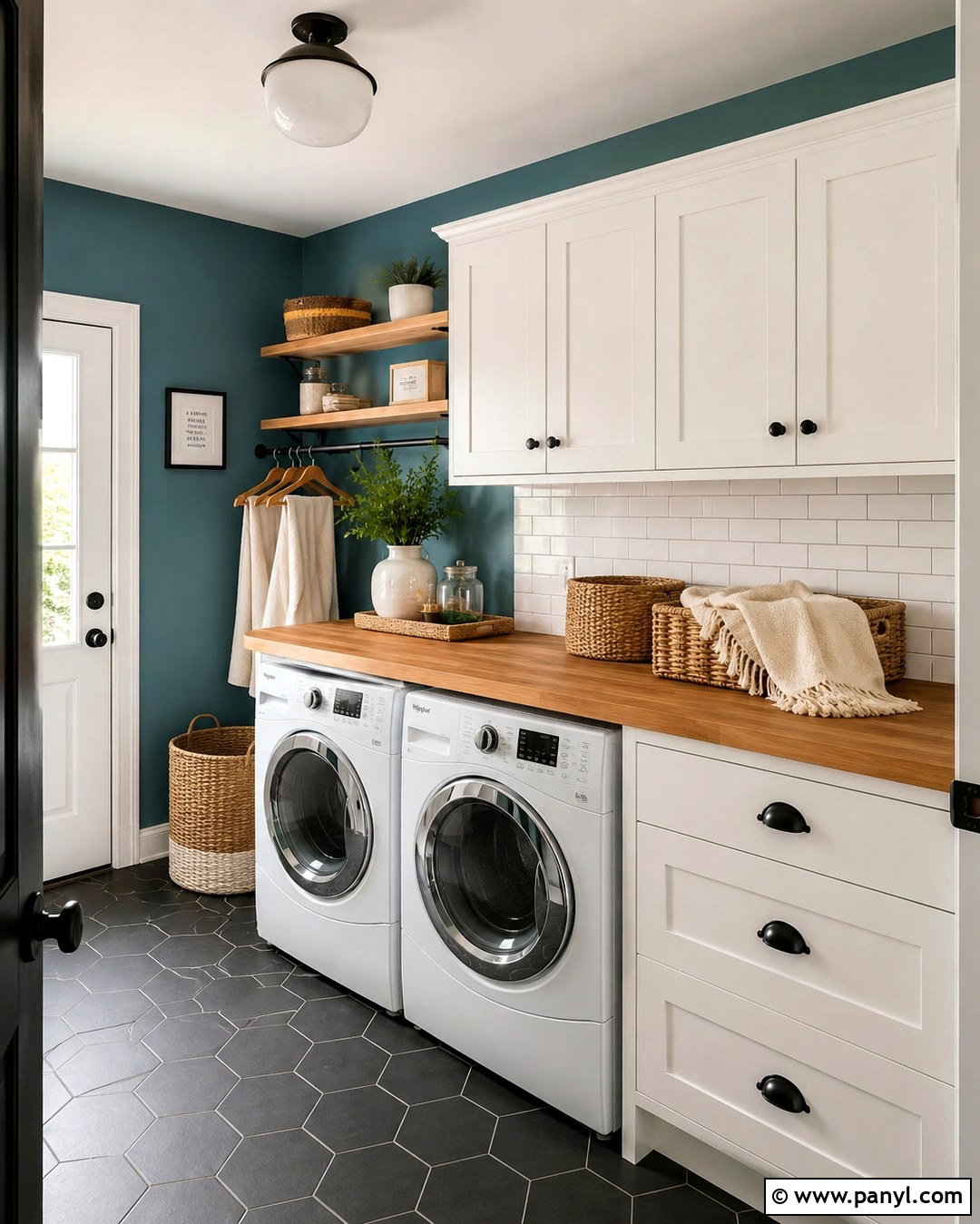 Teal Laundry Room With Butcher Block Counter - 20 Teal Wall Laundry Space Ideas