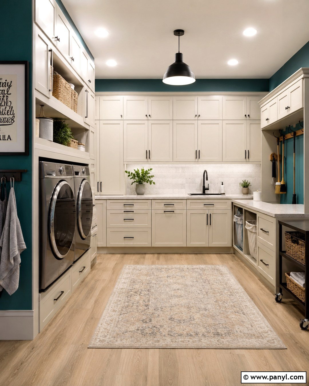 Teal Laundry Room With Full Wall Storage - 20 Teal Wall Laundry Space Ideas
