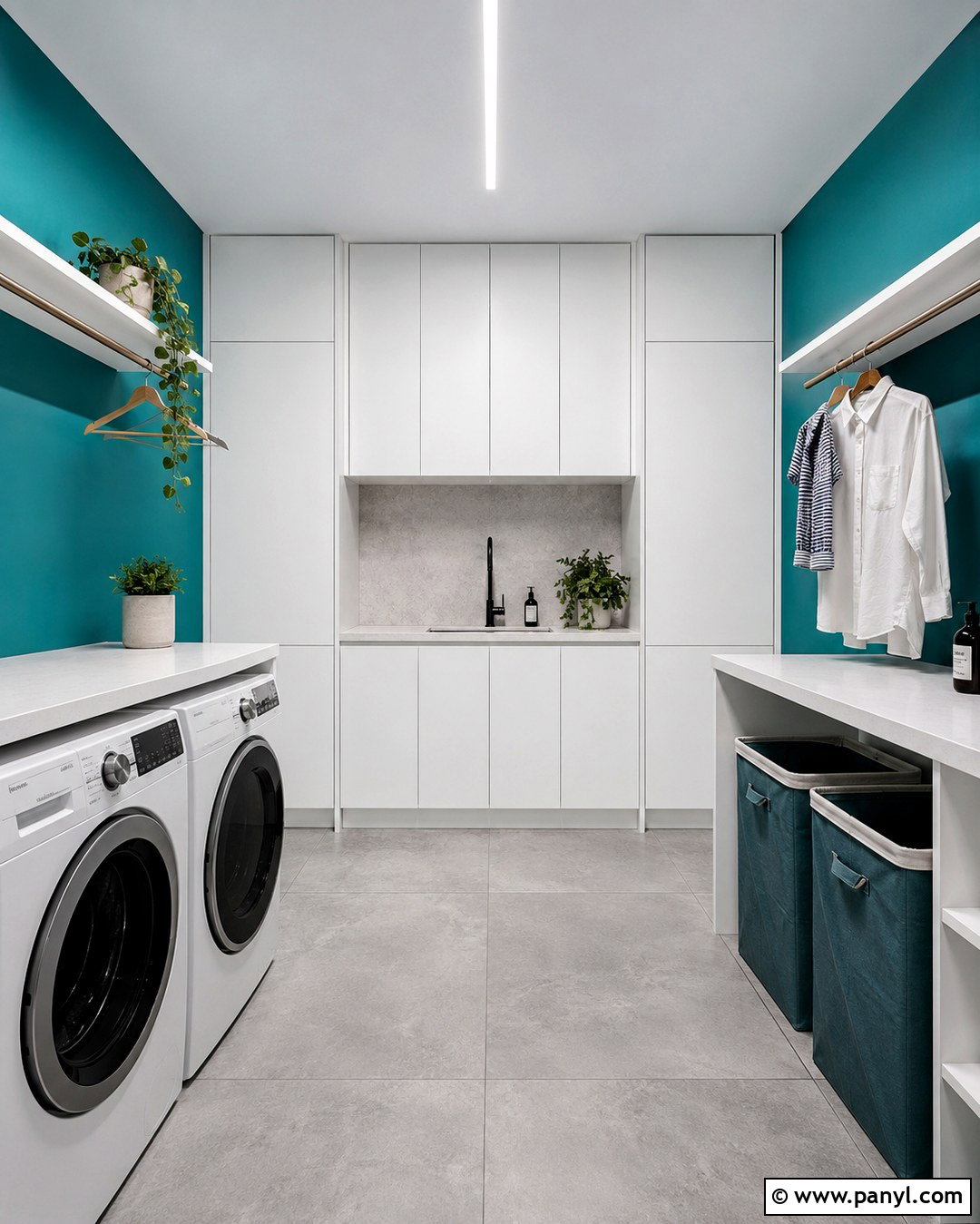 Teal Laundry Room With Modern Cabinets - 20 Teal Wall Laundry Space Ideas