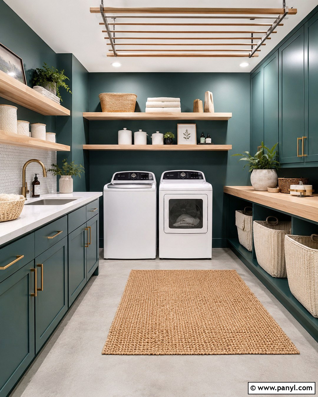 Teal Laundry Room With Natural Wood Shelves - 20 Teal Wall Laundry Space Ideas
