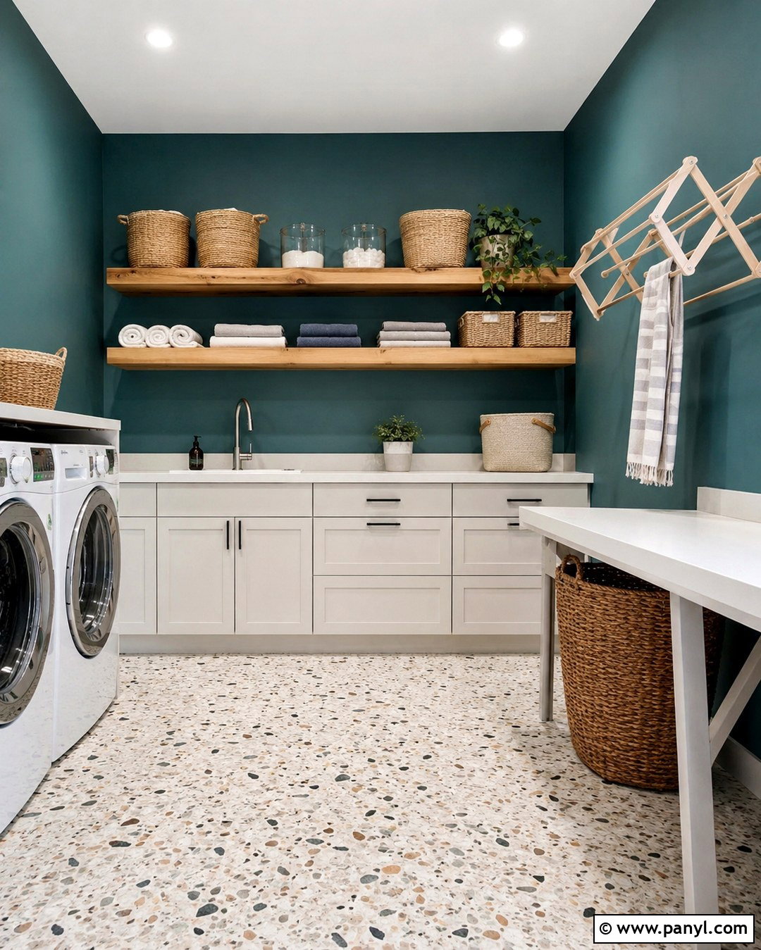Teal Laundry Room With Open Shelves - 20 Teal Wall Laundry Space Ideas