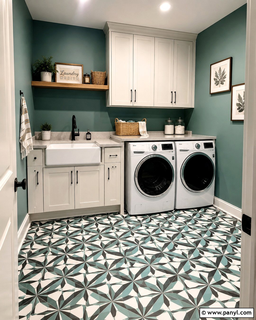 Teal Laundry Room With Patterned Floor Tile - 20 Teal Wall Laundry Space Ideas