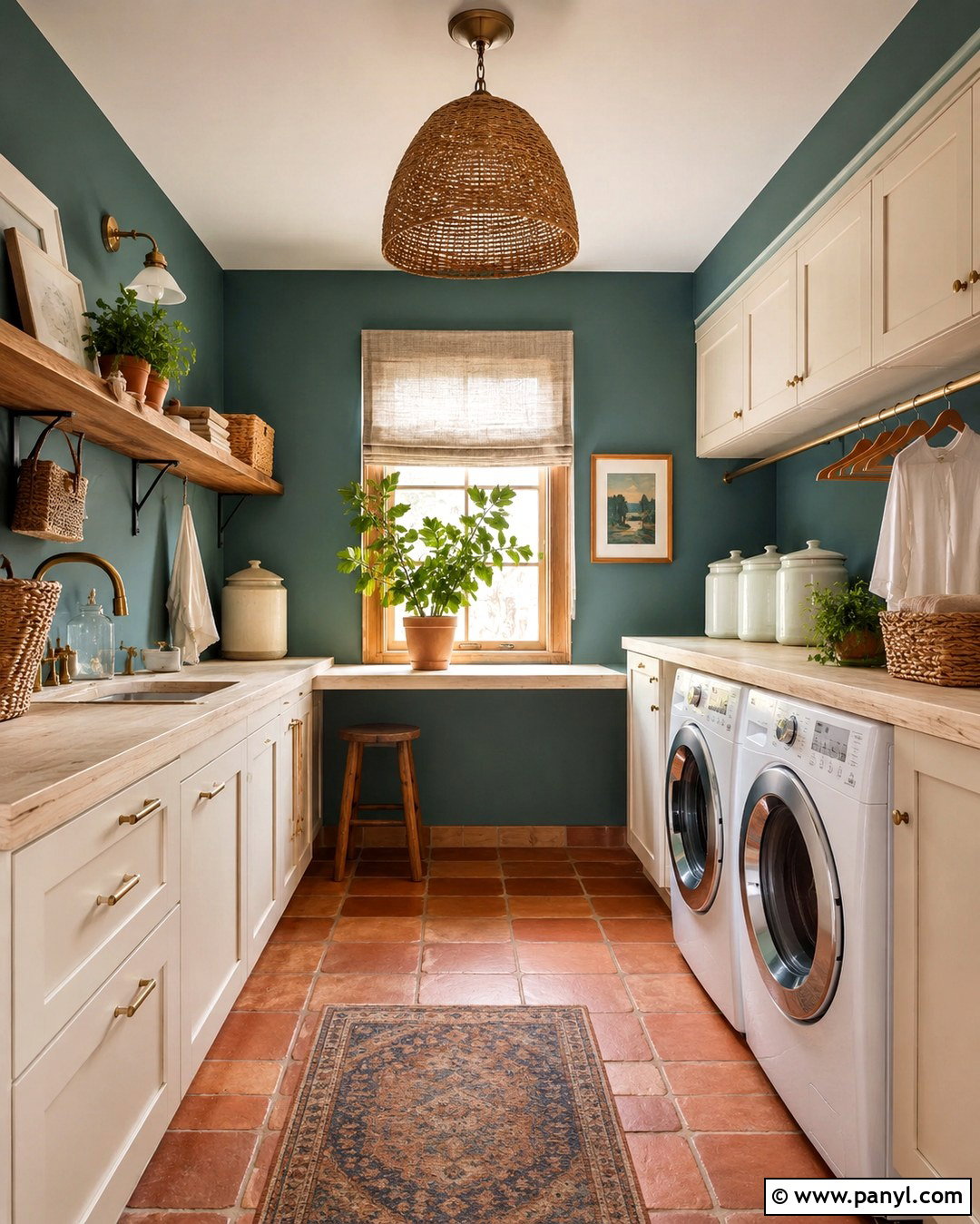 Teal Laundry Room With Terracotta Floor - 20 Teal Wall Laundry Space Ideas
