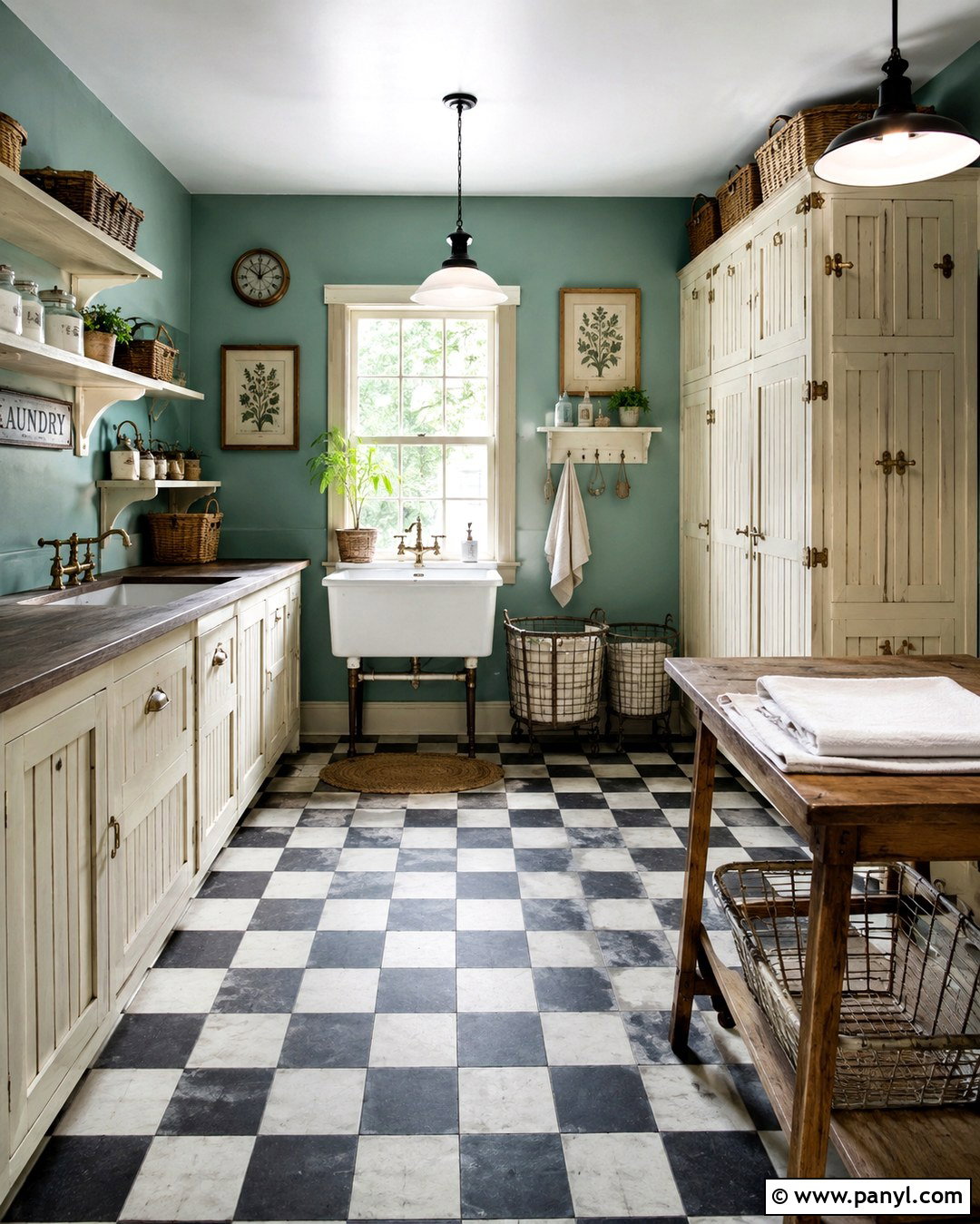 Teal Laundry Room With Vintage Details - 20 Teal Wall Laundry Space Ideas