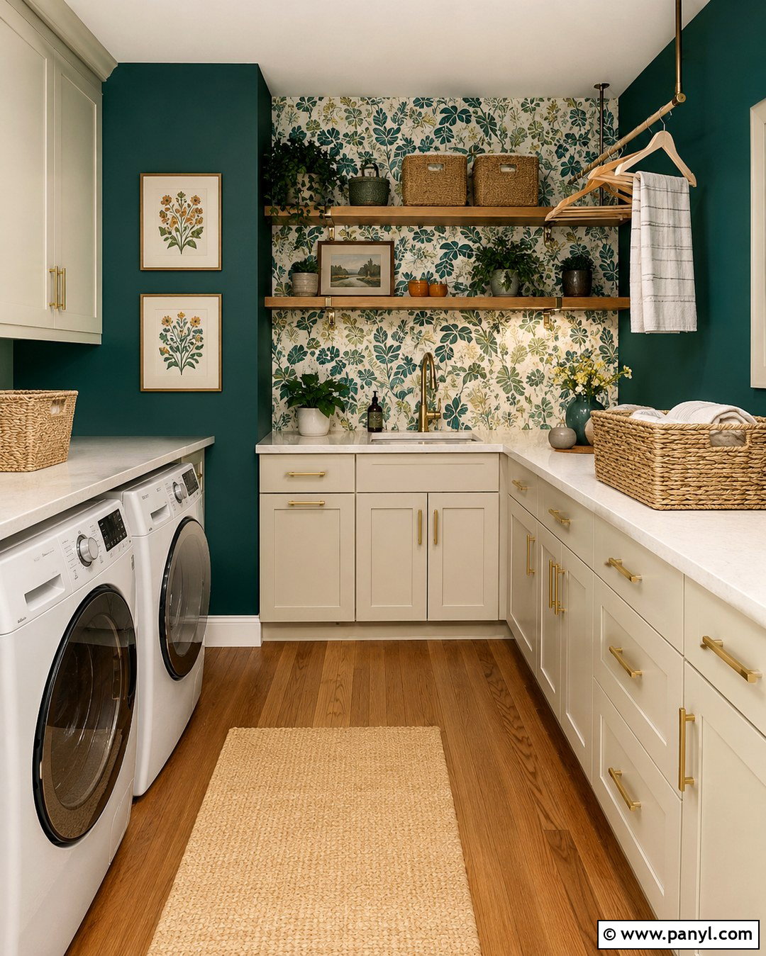 Teal Laundry Room With Wallpaper Accent - 20 Teal Wall Laundry Space Ideas