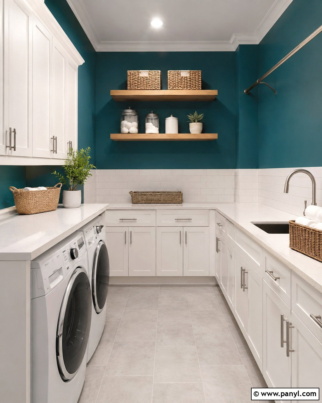 Teal Laundry Room With White Cabinets - 20 Teal Wall Laundry Space Ideas