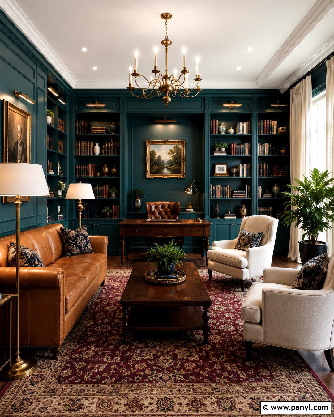 Teal Library With Gold Picture Lights - 20 Teal Walls With Gold Accents