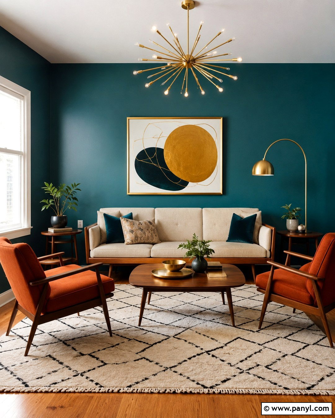 Teal Midcentury Modern Living Room - 20 Teal Walls With Gold Accents