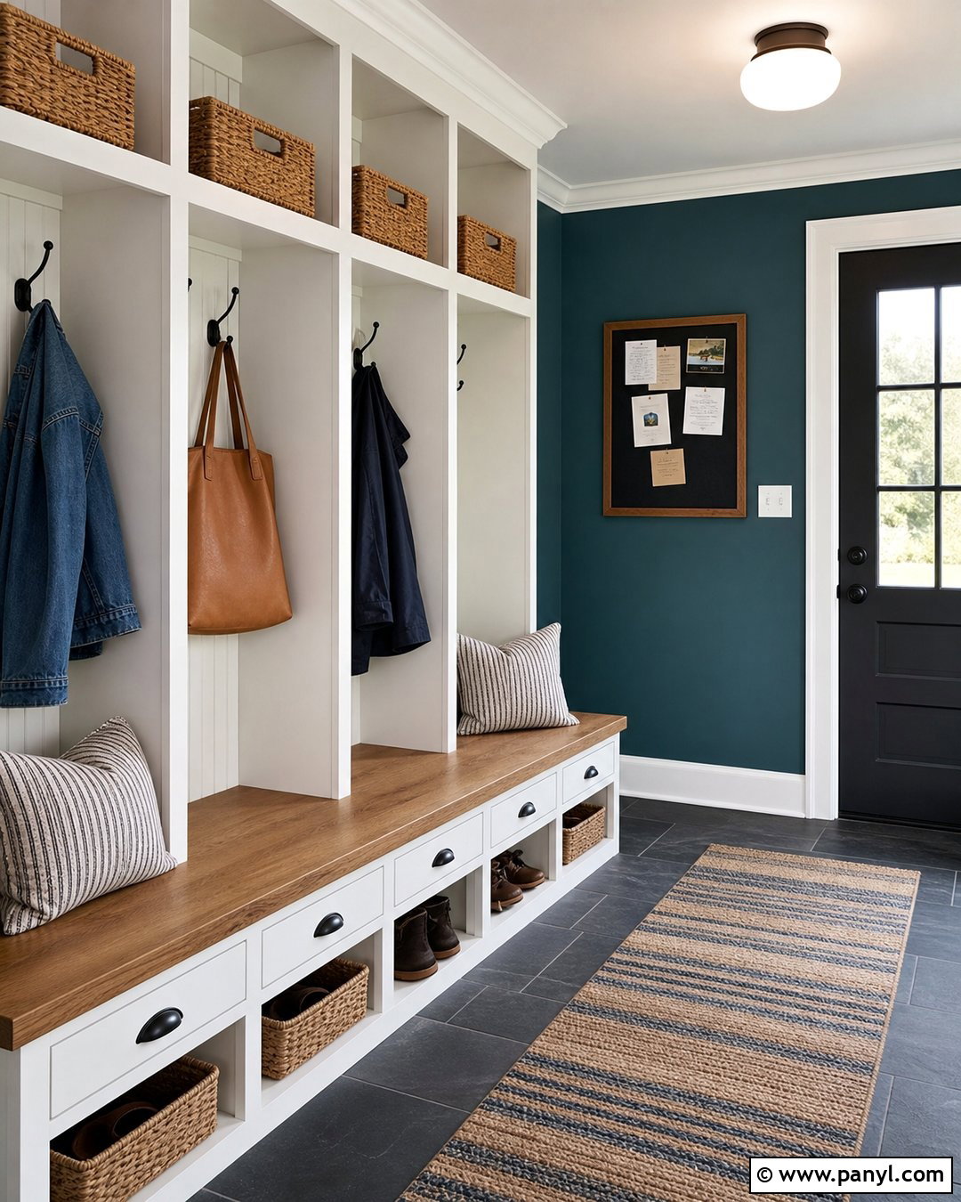 Teal Mudroom Walls With Wood Bench - 30 teal painted walls