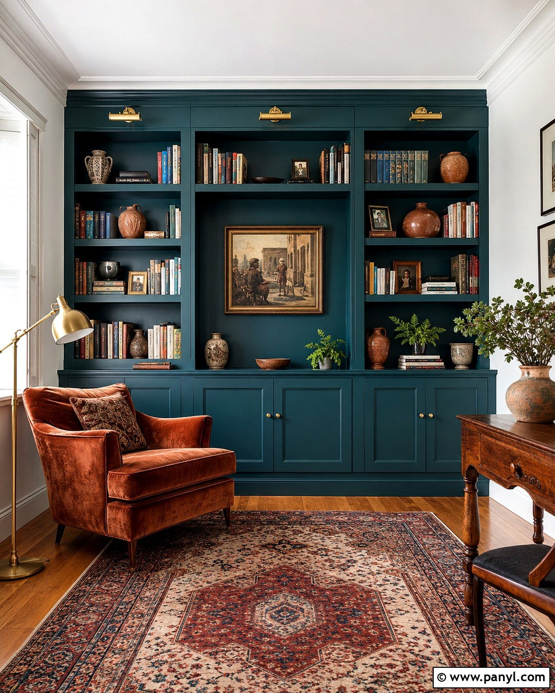 Teal Painted Reading Room Built Ins - 20 White Walls Painted Built Ins