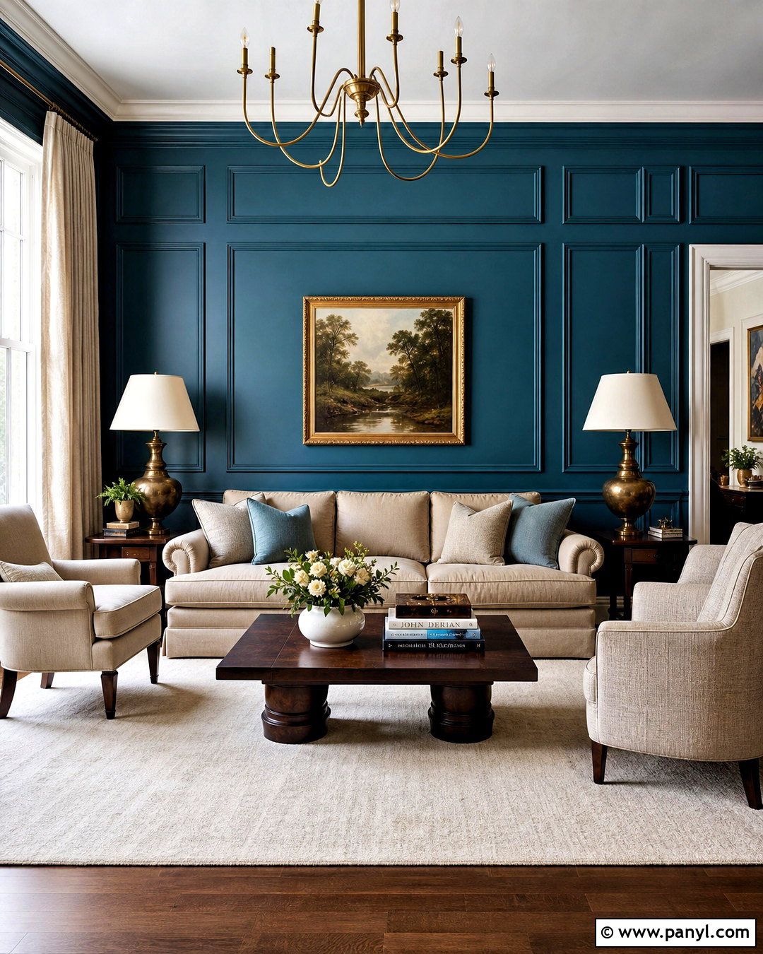 Teal Paneled Walls With Neutral Seating - 20 teal walls living room ideas