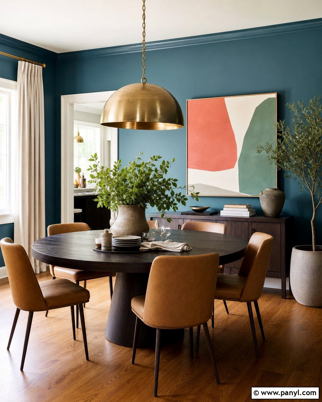 Teal Satin Blue Dining Room With Brass Lighting - 20 Satin Blue Wall Paint Ideas