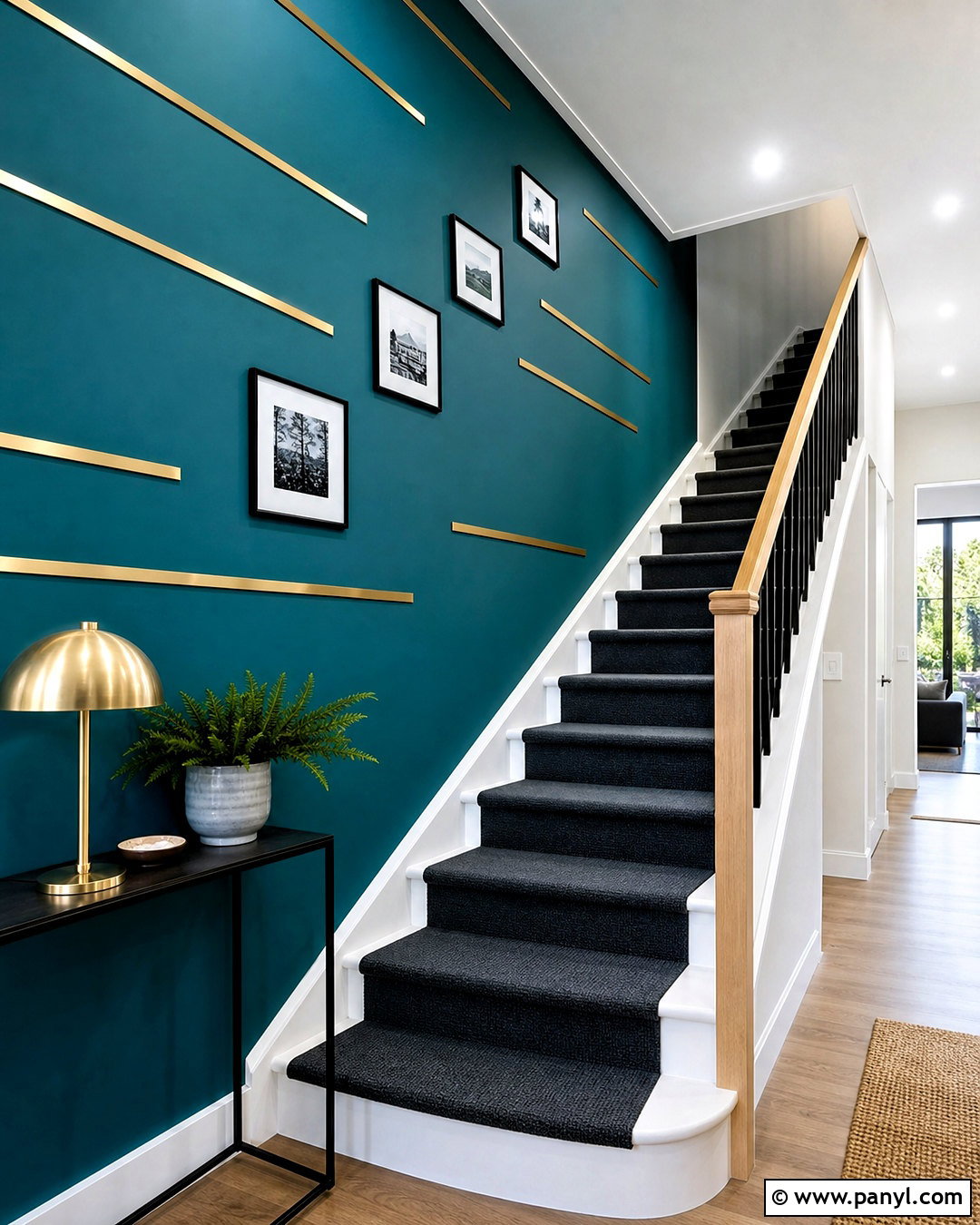 Teal Staircase Wall With Rising Gold Strips - 20 golden strips on wall ideas