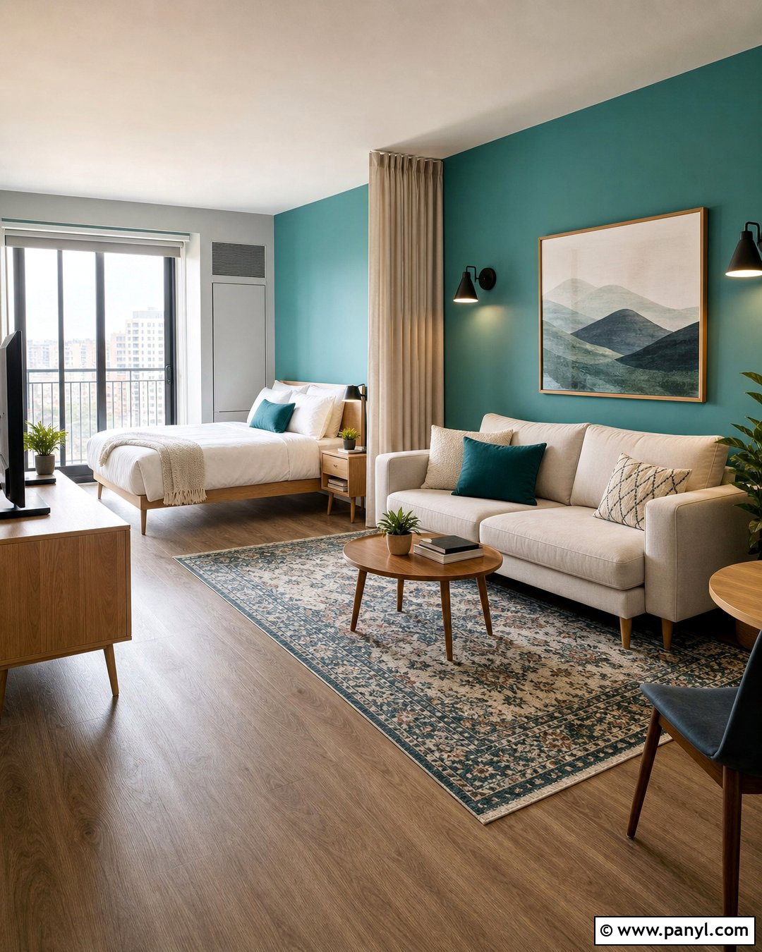 Teal Studio Apartment Walls With Defined Zones - 30 teal painted walls