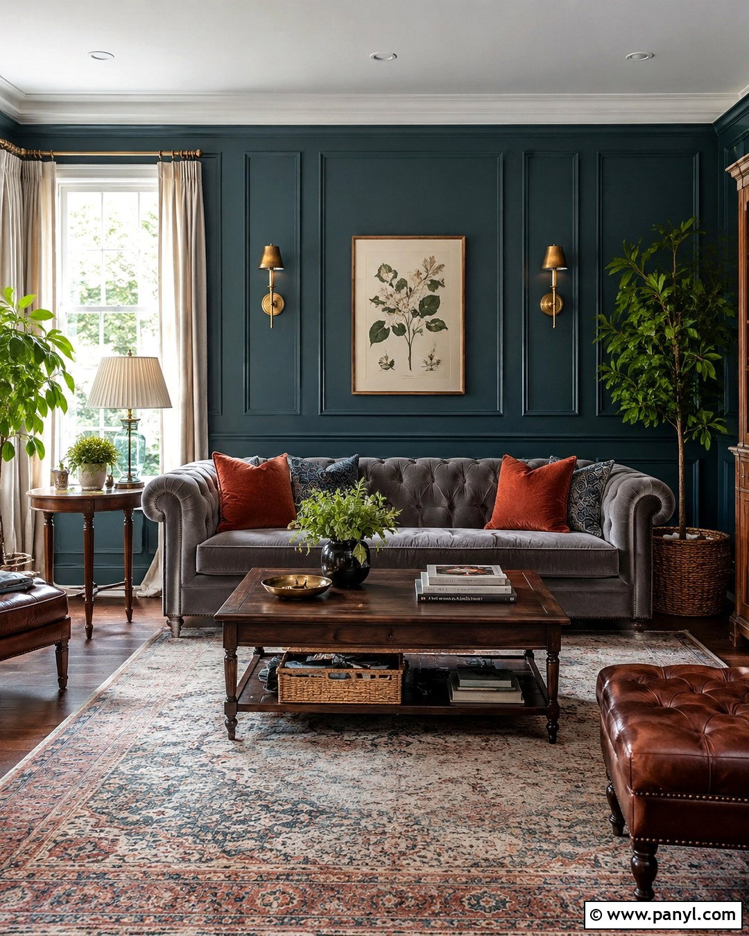 Teal Wall Paneling With Grey Chesterfield Sofa - 20 Teal Walls Grey Sofa Ideas