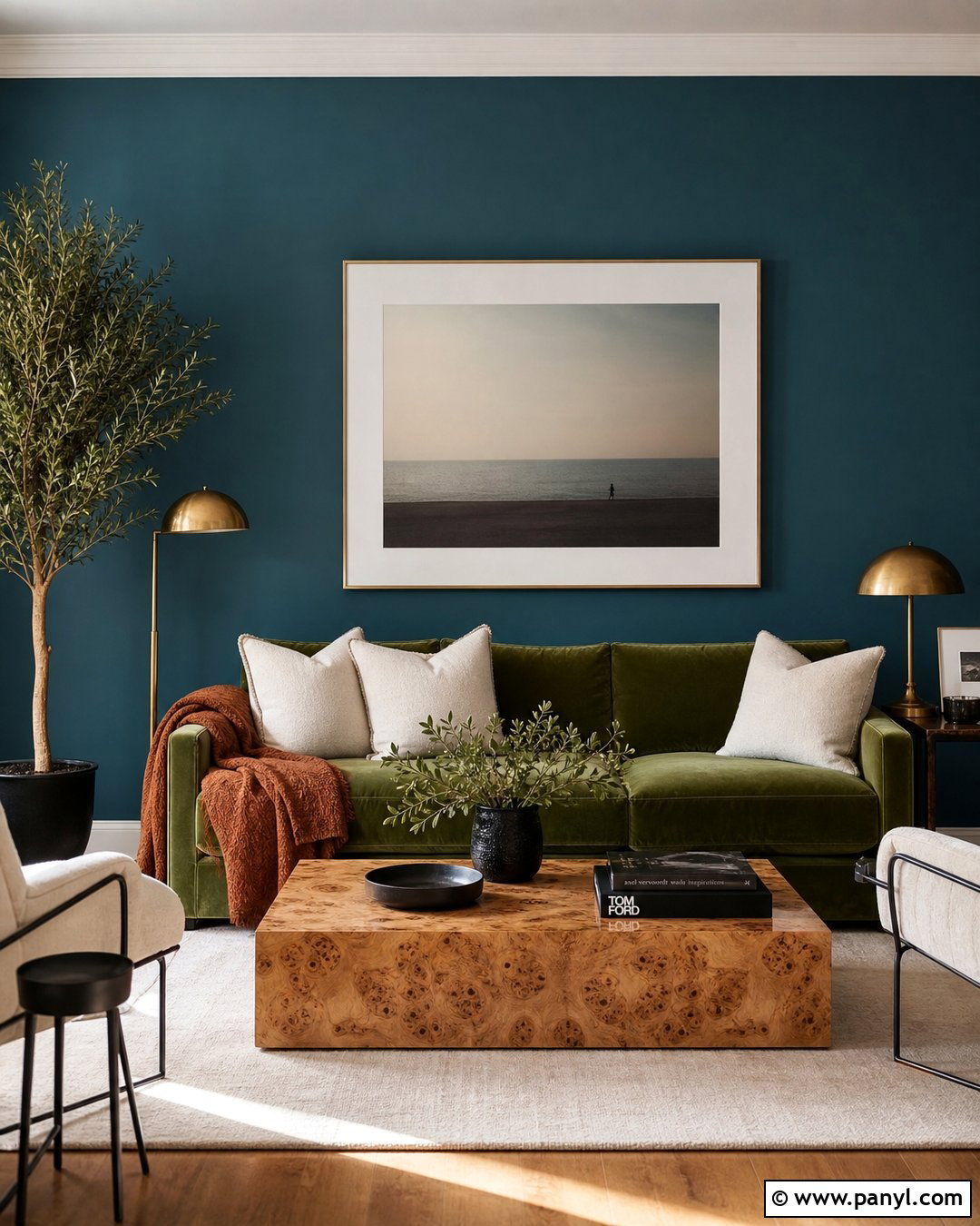 Teal Wall With Green Velvet Sofa - 20 How To Style A Teal Wall Ideas