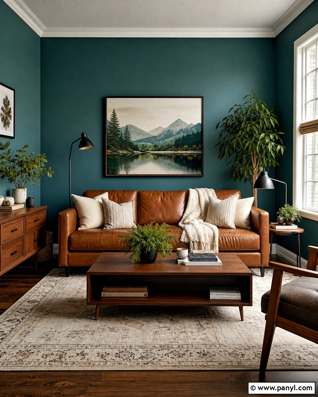 Teal Walls With Cognac Leather Sofa - 20 teal walls living room ideas