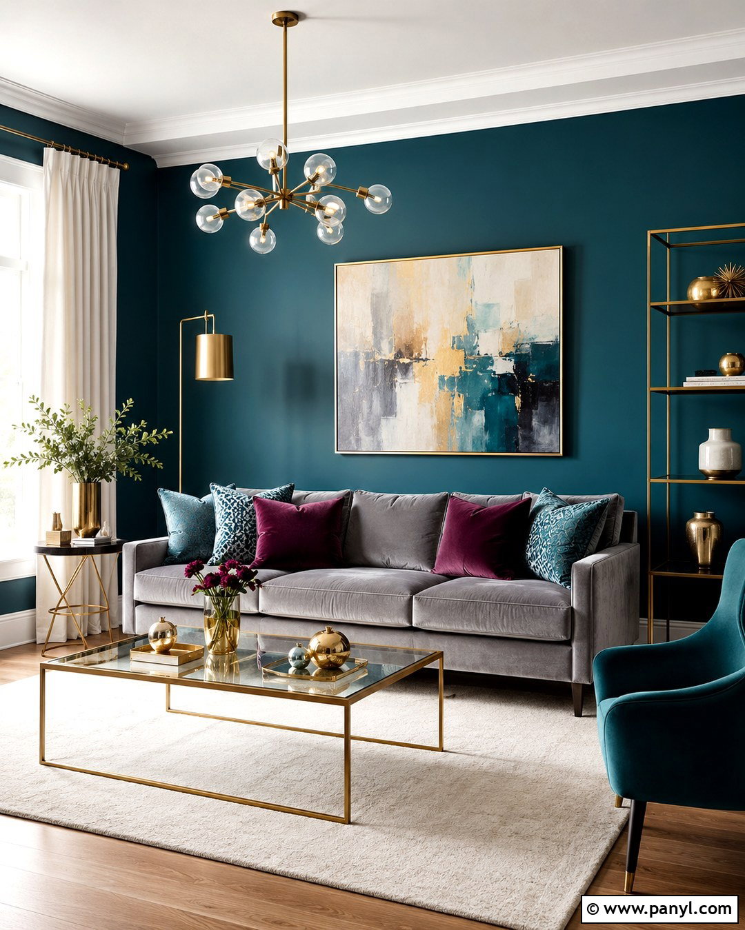 Teal Walls With Grey Sofa And Brass Decor - 20 Teal Walls Grey Sofa Ideas