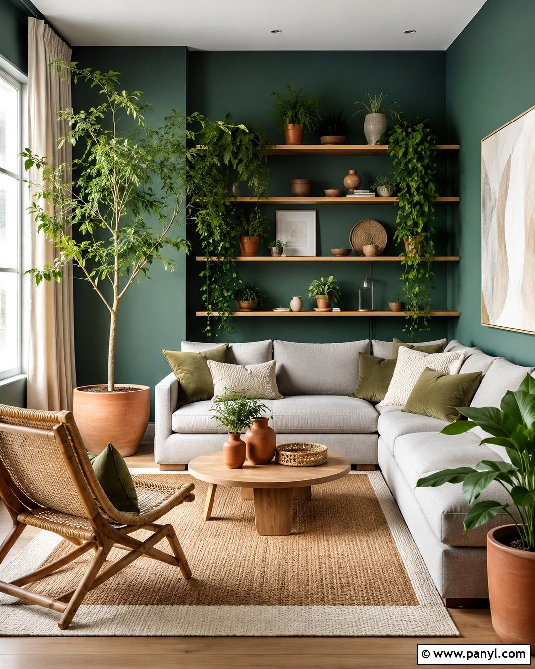 Teal Walls With Grey Sofa And Natural Greenery - 20 Teal Walls Grey Sofa Ideas