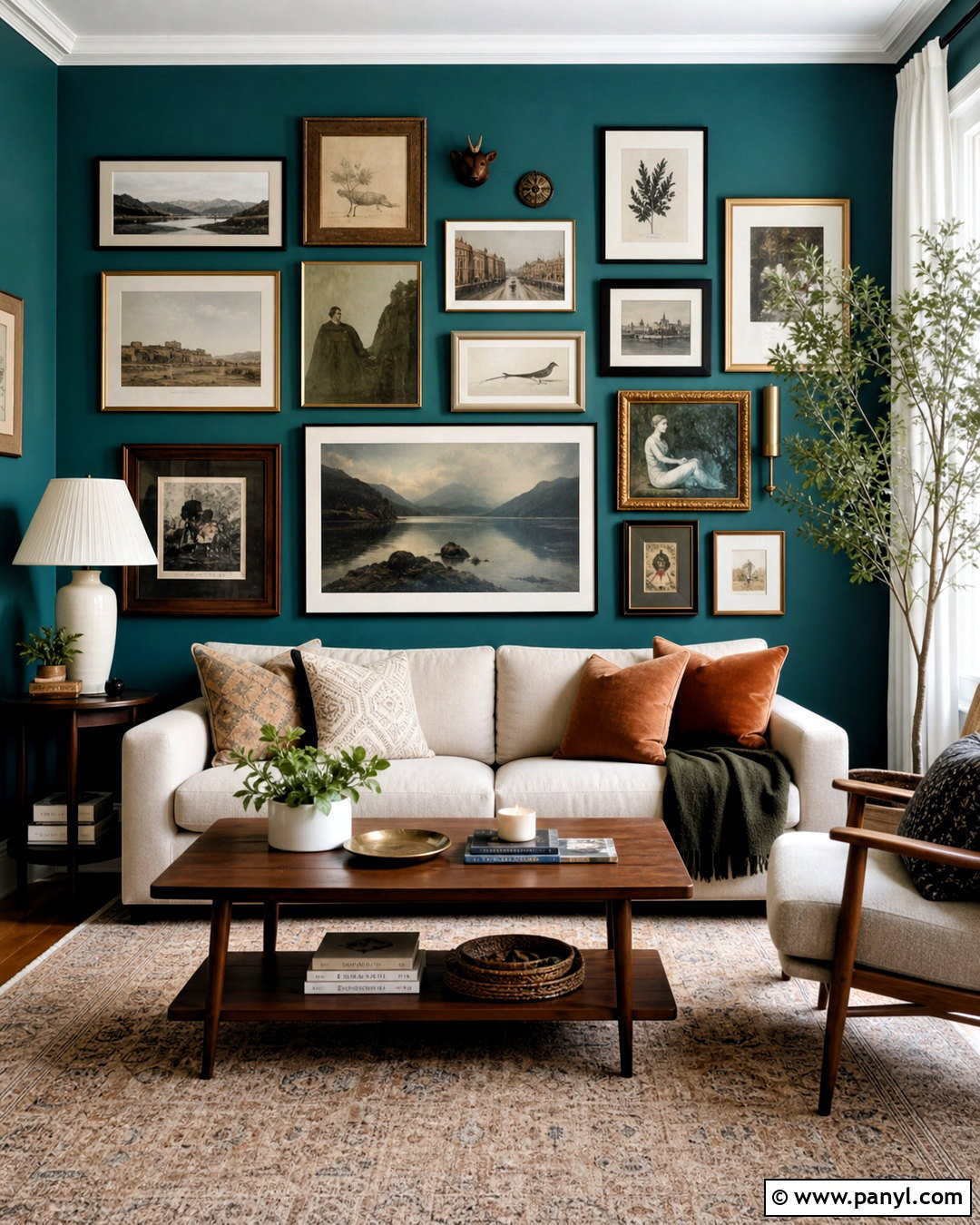 Teal Walls With Large Gallery Wall - 20 teal walls living room ideas