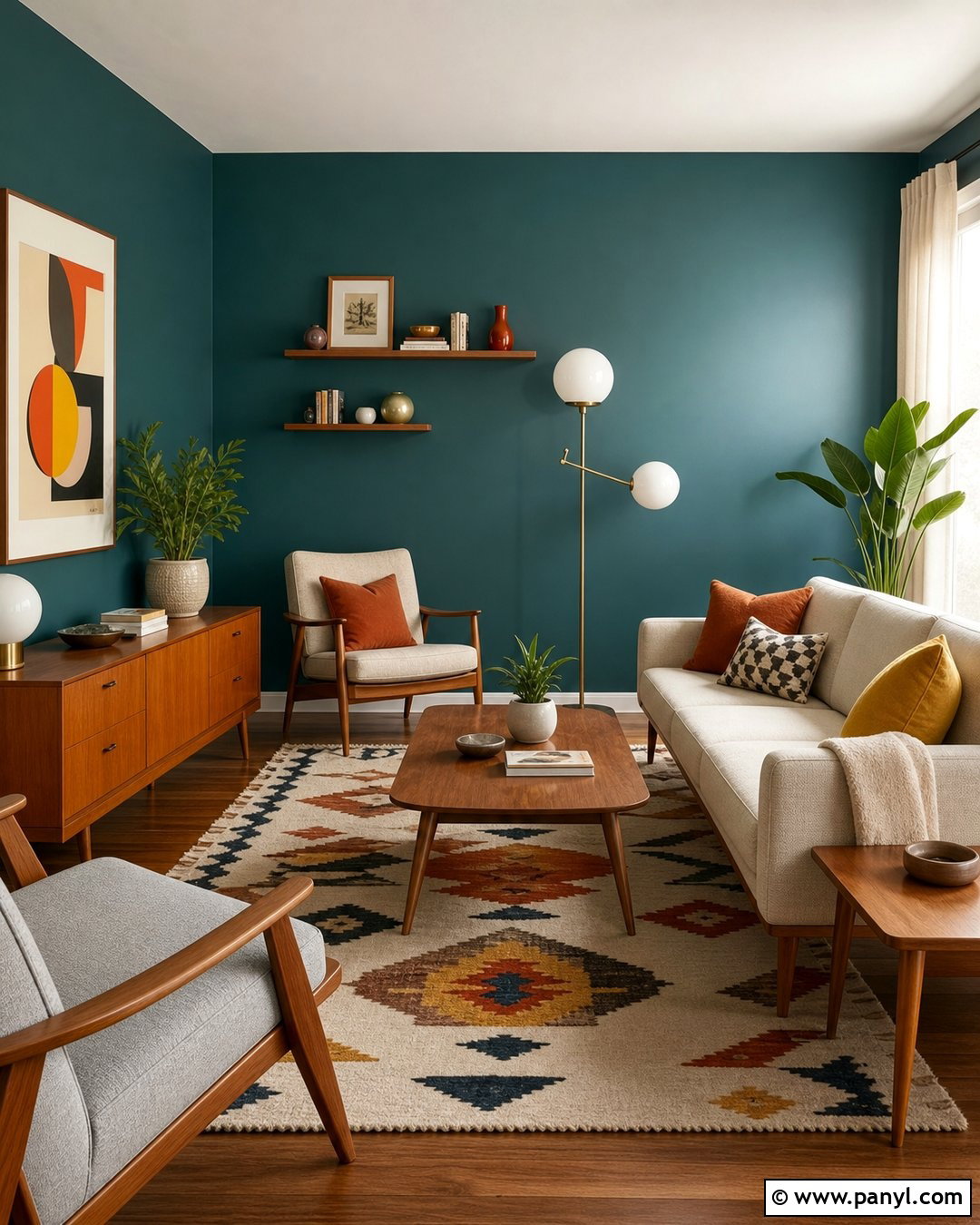 Teal Walls With Mid-Century Wood Furniture - 25 Wall Colour With Wooden Furniture Ideas