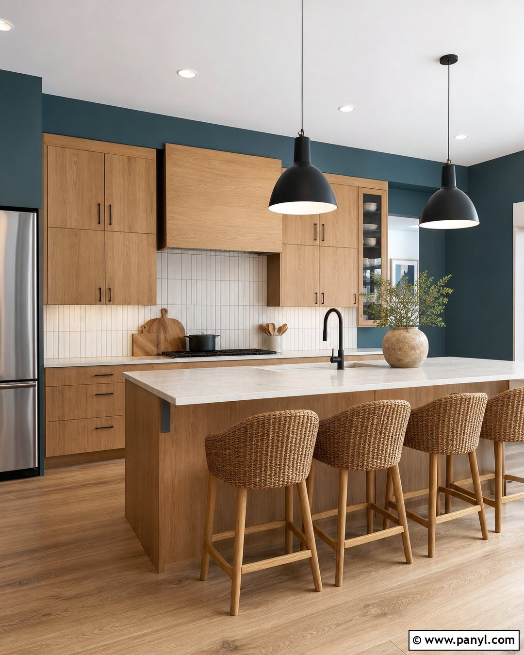 Teal Walls With Natural Oak Cabinets - 20 Modern Kitchen With Teal Walls