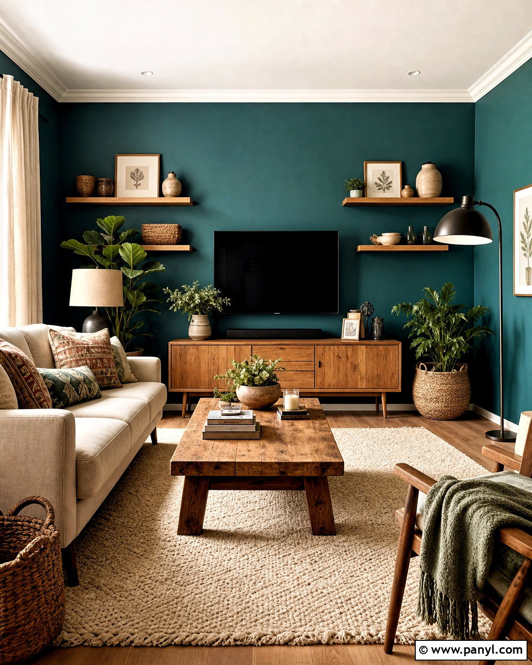 Teal Walls With Natural Wood Furniture - 20 teal walls living room ideas