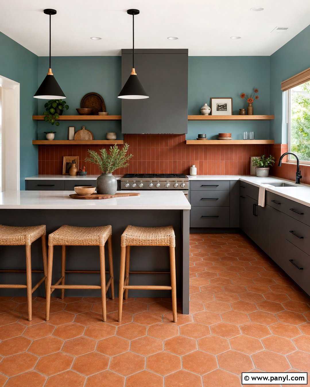 Teal Walls With Terracotta Tile - 20 Modern Kitchen With Teal Walls